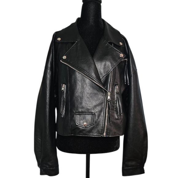 SHEIN Jackets & Blazers - SHEIN Black Faux Leather Cropped Biker Jacket - Size L